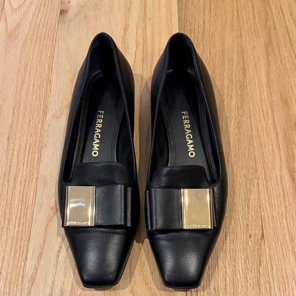 Salvatore Ferragamo Black Flats with Gold Detail